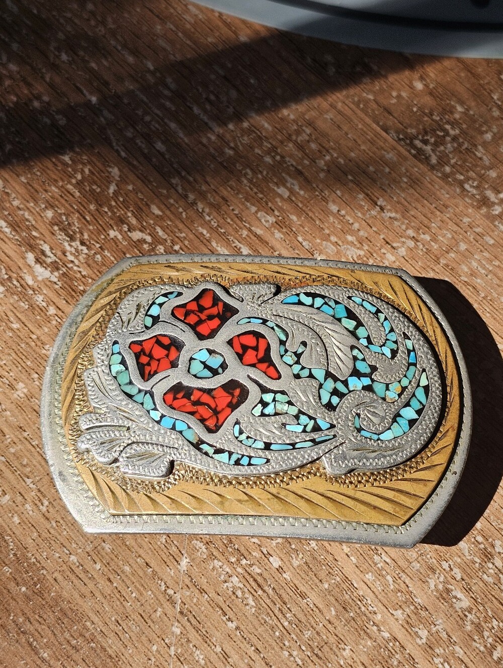 Vtg Turquoise Coral Chip Inlay Western Floral Wild Rose Belt Buckle Brass 70 80s